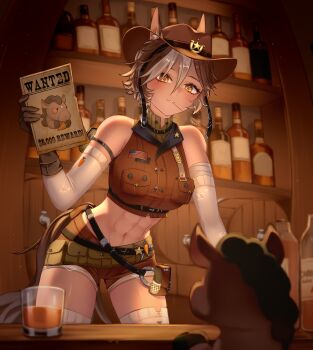 1girl abs absurdres american_flag animal_ears bottle breast_pocket brown_hat brown_shirt brown_shorts buttons carrot cropped_shirt cup detached_sleeves drinking_glass ears_through_headwear gloves hair_between_eyes hat highres holding horse horse_ears horse_girl horse_tail indie_virtual_youtuber leaning_forward mouth_hold navel niomu pocket pouch shirt shorts stalk_in_mouth tail thighhighs tomoe_umari tomoe_umari_(umari_3.0) umarmy_(tomoe_umari) virtual_youtuber wanted_poster white_sleeves white_thighhighs