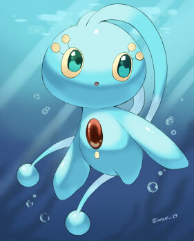 :o antennae artist_name bubble chest_jewel commentary_request gen_4_pokemon green_eyes highres iwasi_29 legendary_pokemon manaphy mythical_pokemon nintendo no_humans open_mouth pokemon pokemon_(creature) sunlight twitter_username underwater water