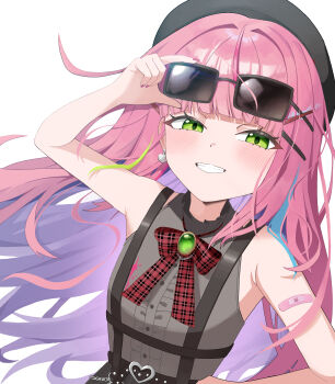 Rule 34 | 1girl, absurdres, arm up, bandaid, bandaid on arm, blush, bow, bowtie, brooch, center frills, colored inner hair, commentary, english commentary, eyewear on head, fingernails, floating hair, frilled shirt, frilled shirt collar, frills, gem, green eyes, green gemstone, grey shirt, grin, hair intakes, hanako nana, highres, jewelry, kkaennip, long hair, looking at viewer, multicolored hair, nail polish, pink hair, pink nails, plaid bow, plaid bowtie, plaid clothes, red bow, red bowtie, shirt, simple background, sleeveless, sleeveless shirt, smile, solo, stellive, streaked hair, sunglasses, upper body, very long hair, white background