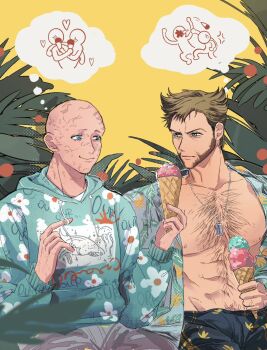2boys abs anger_vein bald beard brown_hair chest_hair closed_mouth commentary crutch_c deadpool deadpool_&amp;_wolverine deadpool_(series) dog_tags english_commentary facial_hair floral_print food green_eyes heart highres holding holding_food holding_ice_cream holding_ice_cream_cone hood hood_down hoodie ice_cream ice_cream_cone long_sleeves looking_at_another male_focus marvel marvel multiple_boys muscular muscular_male nipples open_clothes open_shirt pants pectorals plant plant_print scar scars_all_over short_hair smile speech_bubble thought_bubble too_many wolverine_(x-men) x-men yaoi