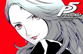 1girl artist_name black_jacket copyright_name earrings grey_hair jacket jewelry long_hair niijima_sae official_art persona persona_5 red_background red_eyes red_lips saitou_rokuro simple_background