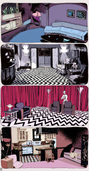 absurdres armchair blue_velvet chair coffee_pot commentary couch creator_connection crt desk_lamp drawing_(object) eraserhead flower_pot highres indoors kitchen lamp lost_highway no_humans pontoffel_nopockets rabbit_ears_antenna curtains scenery shirt sink statue twin_peaks white_shirt window wooden_chair