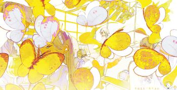 4girls book bug butterfly cho96850 closed_mouth colorful commentary_request covered_eyes highres insect limited_palette long_hair lying multiple_girls object_on_head on_back original short_hair sleeping standing surreal yellow_theme