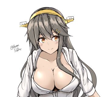 1girl black_hair blush breasts brown_eyes cleavage commentary_request hair_between_eyes hair_ornament hairband hairclip haruna_(2016_swimsuit)_(kancolle) haruna_(kancolle) haruna_kai_ni_(kancolle) jacket jacket_over_swimsuit kantai_collection large_breasts long_hair looking_at_viewer minoa_11touhei one-hour_drawing_challenge simple_background smile solo swimsuit twitter_username upper_body white_background