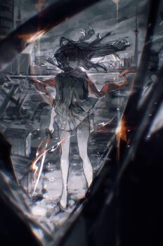 Rule 34 | 1girl, absurdres, black hair, black shirt, black skirt, colored tips, commentary, crate, diffraction spikes, embers, fake horns, floating clothes, floating hair, floating scarf, glowing, glowing sword, glowing weapon, hair between eyes, hairband, highres, holding, holding sword, holding weapon, horn hairband, horns, lens flare, long hair, looking at viewer, lucia: lotus (pgr), lucia (pgr), multicolored hair, navel peek, pantyhose, pleated skirt, punishing: gray raven, red-eye effect, red eyes, red hairband, red scarf, ruins, scarf, shirt, skirt, solo, standing, sword, symbol-only commentary, three-quarter sleeves, weapon, wind, wind lift, zhouliang48183