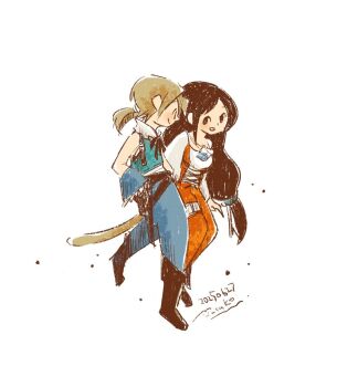 Rule 34 | 1boy, 1girl, black boots, black hair, blonde hair, blue pants, blue vest, blue wrist cuffs, bodysuit, boots, breasts, cat tail, closed mouth, crystal, dated, final fantasy, final fantasy ix, full body, garnet til alexandros xvii, hair ornament, hairclip, jewelry, long hair, looking at another, low-tied long hair, low ponytail, medium breasts, motoyama masako, orange bodysuit, pants, parted bangs, parted lips, pendant, ponytail, shirt, signature, sketch, smile, tail, thigh strap, vest, white background, white shirt, wrist cuffs, zidane tribal