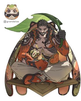 1boy arm_tattoo artist_name beard black_eyes black_eyeshadow black_hair black_sandals chest_tattoo closed_mouth commentary daruma_doll english_commentary eyeshadow facial_hair genshin_impact grandaloe grey_pants hair_over_shoulder hand_up hat hat_on_back highres holding holding_leaf instagram_logo instagram_username leaf leaf_umbrella long_hair looking_at_viewer makeup male_focus muji-muji_daruma_(genshin_impact) objectification pants personification ponytail red_eyeshadow reference_inset role_reversal rope sandals sash sayu_(genshin_impact) simple_background sitting sleeping solo tattoo tattoo_sleeve topless_male white_background zouri zzz