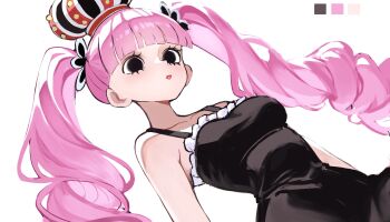 1girl absurdres arched_crown artist_name bare_shoulders black_dress black_eyes blunt_bangs breasts commentary crown dress drill_hair english_commentary expressionless eyelashes hair_ornament highres kasumi_6 long_hair looking_at_viewer off-shoulder_dress off_shoulder one_piece perona pink_hair simple_background solo standing twin_drills twintails white_background