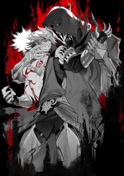 2boys abs arm_tattoo armlet armor black_cloak black_coat black_pants braid chest_tattoo chinese_commentary clawed_gauntlets cloak coat commentary_request facial_tattoo fsh887624596321 greyscale highres honkai:_star_rail honkai_(series) hood hood_up hooded_cloak jewelry leg_armor male_focus mask medium_hair monochrome multiple_boys mydei_(honkai:_star_rail) one_eye_closed open_clothes open_coat pants pauldrons phainon_(honkai:_star_rail) red_tattoo shoulder_armor side_braid single_pauldron spot_color tattoo toned toned_male yaoi