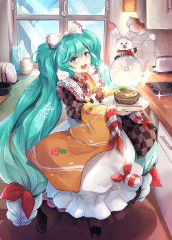 Rule 34 | 1girl, absurdres, apron, boots, brown boots, chopsticks, commentary, cooking pot, earpiece, egg, english commentary, fork hair ornament, full body, green eyes, green hair, hair ornament, hatsune miku, highres, holding, holding ladle, holding tray, hotpot, indoors, japanese clothes, kimono, ladle, long hair, long sleeves, looking at viewer, low twintails, nabe, open mouth, orange kimono, plate, pleated kimono, rabbit yukine, rea skyart74, smile, snowflake print, solo, soup ladle, spoon hair ornament, tray, twintails, very long hair, vocaloid, white apron, wide sleeves, winter, yuki miku, yuki miku (2024)