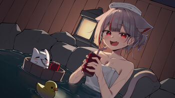 Rule 34 | 1girl, :d, = =, absurdres, animal ears, breasts, bucket, can, cat ears, cat girl, cat tail, commentary request, drinking, drinking straw, fang, fence, floating, floating object, grey hair, highres, holding, holding can, in bucket, in container, korean commentary, looking at viewer, lunyaria, maro (neneko mashiro), medium breasts, multicolored hair, naked towel, neneko mashiro, onsen, open mouth, partially submerged, red eyes, red hair, rubber duck, smile, stellive, stone lantern, streaked hair, tail, towel, towel on head, virtual youtuber, water, wet, wooden bucket, wooden fence
