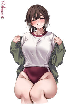 1girl artist_name blush breasts brown_hair buruma collarbone commentary_request cropped_legs ebifurya foreshortening grin hair_between_eyes hair_intakes half-closed_eyes hands_up hayasui_(kancolle) heavy_breathing highres invisible_chair kantai_collection large_breasts long_sleeves looking_at_viewer medium_hair one-hour_drawing_challenge open_clothes red_buruma shirt sidelocks simple_background sitting smile solo thighs twitter_username white_background white_shirt