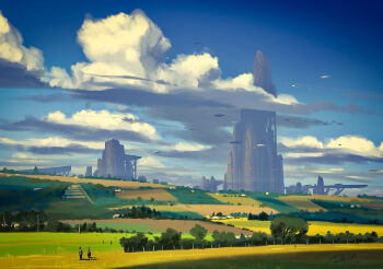 absurdres aircraft airship blue_sky building cloud commentary day english_commentary field grass highres landscape original outdoors painterly raphael-lacoste rural scenery science_fiction sky tower tree
