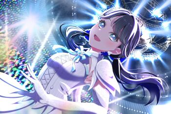 1girl :d armpits aurora_flower_(love_live!) blue_eyes blue_hair blue_skirt blush commentary cross-laced_clothes cross-laced_top english_commentary gloves glowstick highres indoors lace lace_gloves link!_like!_love_live! long_hair looking_at_viewer love_live! low_twintails mixed-language_commentary murano_sayaka open_mouth penlight_(glowstick) shirane_nanimo shirt skirt sleeveless sleeveless_shirt smile solo stage twintails virtual_youtuber white_gloves white_shirt