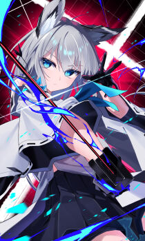 absurdres animal_ears azur_lane black_gloves black_skirt blue_eyes blue_neckerchief closed_mouth commentary_request detached_sleeves fox_ears fox_girl gloves grey_hair hand_up highres holding holding_sword holding_weapon kawakaze_(azur_lane) long_hair looking_at_viewer neckerchief pleated_skirt rubisco skirt sword weapon white_sleeves wide_sleeves