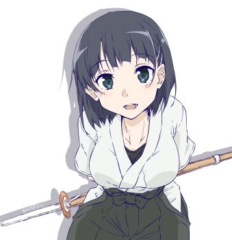 1girl :d artist_name asagi501 black_bra black_hair black_shirt black_skirt bra breasts clothing_cutout commentary_request drop_shadow green_eyes hair_ornament hairclip highres hip_vent holding holding_behind_back holding_weapon japanese_clothes kendo kimono kirigaya_suguha large_breasts leaning_forward looking_at_viewer medium_hair open_mouth parallel_hairclips shinai shirt shirt_under_kimono simple_background skirt smile solo straight-on sword sword_art_online teeth twitter_username underwear watermark weapon white_background white_kimono