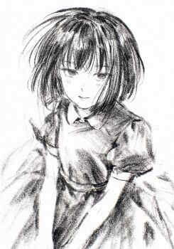 1girl dress expressionless graphite_(medium) greyscale highres looking_at_viewer machihazure monochrome original short_hair solo traditional_media
