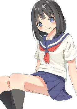 1girl absurdres arm_support black_hair black_socks blue_eyes blue_sailor_collar blue_skirt blunt_bangs breasts closed_mouth dot_nose double-parted_bangs feet_out_of_frame highres kneehighs looking_at_viewer neckerchief negimiso1989 original pleated_skirt red_neckerchief sailor_collar school_uniform serafuku shirt short_hair sidelocks simple_background sitting skirt small_breasts smile socks solo white_background white_shirt