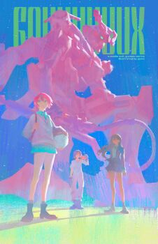 1boy 2girls amate_yuzuriha artist_name black_hair cable character_name commentary conch_(gundam) english_commentary english_text full_body gquuuuuux green_eyes green_shirt green_skirt group_picture gundam gundam_gquuuuuux haro heat_hawk highres kneeling long_hair machinery mecha miniskirt mobile_suit multiple_girls non-humanoid_robot nyaan_(gundam_gquuuuuux) pet pleated_skirt qosic red_hair robot science_fiction shirt short_hair shuji_ito skirt title v-fin walker_(robot)