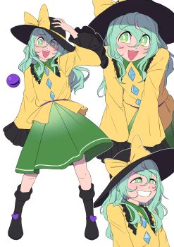 Rule 34 | 1girl, :d, absurdres, black boots, black hat, boots, bow, buttons, collared shirt, commentary, diamond button, english commentary, frilled shirt collar, frilled skirt, frills, full body, green skirt, grin, hair between eyes, hat, hat bow, hat ribbon, highres, komeiji koishi, long sleeves, looking at viewer, mefomefo, multiple views, open mouth, ribbon, shirt, simple background, skirt, smile, teeth, third eye, touhou, upper teeth only, white background, yellow bow, yellow ribbon, yellow shirt