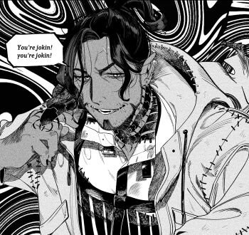 1boy abstract_background absurdres beard black_nails bug centipede chest_belt chinstrap_beard collared_shirt commentary ear_piercing english_text facial_hair greyscale highres hood hoodie imi_(capsule) looking_at_viewer male_focus mature_male monochrome multiple_piercings neck_tattoo open_mouth piercing scar scar_on_face scar_on_forehead scar_on_mouth shirt smile solo speech_bubble swing_(twisted_wonderland) symbol-only_commentary tattoo twisted_wonderland upper_body