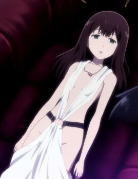 arm_at_side big_order brown_hair collar collar_jewel dutch_angle expressionless flat_chest green_eyes groin hoshimiya_sena jewelry long_hair looking_at_another lying naked_robe necklace no_nose no_panties non-web_source official_art on_back open_clothes open_mouth pendant_collar revealing_clothes robe straight_hair white_robe