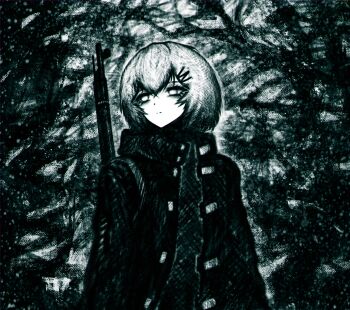 Rule 34 | 11e10, 1girl, bolt action, branch, closed mouth, coat, faux traditional media, forest, green theme, gun, gun on back, hair between eyes, hair ornament, hairclip, hashtag-only commentary, highres, marie (peripeteia), monochrome, mosin-nagant, nature, no pupils, open clothes, open coat, outdoors, peripeteia, rifle, short hair, snowing, solo, tree, trench coat, triangle button, turning head, upper body, weapon, weapon on back, winter