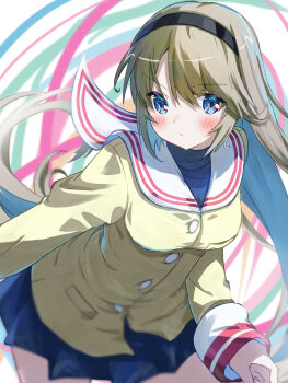 Rule 34 | 1girl, akayama yukihe, black hairband, blue eyes, blue skirt, blush, brown hair, buttons, clannad, closed mouth, commentary request, cowboy shot, eyes visible through hair, floating hair, frown, hair between eyes, hairband, highres, hikarizaka private high school uniform, jacket, leaning forward, long hair, long sleeves, looking at viewer, miniskirt, pleated skirt, sailor collar, sakagami tomoyo, school uniform, serafuku, sidelocks, simple background, skirt, solo, turtleneck, v-shaped eyebrows, very long hair, white sailor collar, yellow jacket