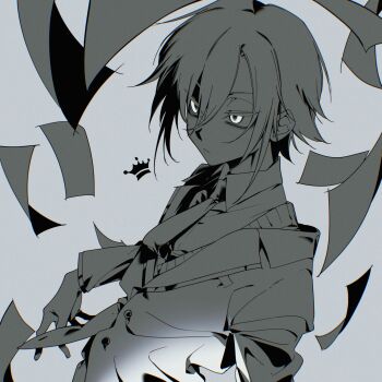 Rule 34 | 1boy, blazer, closed mouth, collared shirt, crown (symbol), empty eyes, floating clothes, flying paper, from side, grey background, hair between eyes, highres, jacket, light frown, long sleeves, looking ahead, male focus, monochrome, necktie, nijisanji, paper, school uniform, serious, shirt, short hair, sidelocks, sidu (dsd kgn), solo, sweater vest, tsurime, upper body, uzuki kou, uzuki kou (3rd costume), virtual youtuber