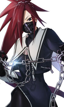 Rule 34 | 1girl, black eyes, chain, drill hair, gloves, hair ornament, zaki (justice gakuen), hitsuji kusa, justice gakuen, looking at viewer, mask, mask on head, ponytail, red hair, simple background, solo, white background