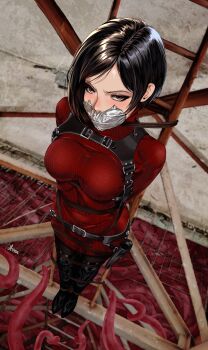 1girl absurdres ada_wong arms_behind_back bdsm black_hair black_pantyhose bondage boots bound bound_arms bound_legs breasts brown_eyes drawfagmona dress gag gagged highres improvised_gag large_breasts looking_at_viewer medium_hair pantyhose red_dress resident_evil restrained shibari shibari_over_clothes solo standing tape tape_gag tentacles thigh_boots