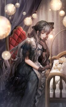 Rule 34 | 1girl, artist request, black bow, black bowtie, black dress, black gloves, black hair, black wrist cuffs, bow, bowtie, bracelet, chair, collared dress, cradle, curtains, downturned eyes, dress, earrings, feet out of frame, frilled dress, frilled sleeves, frills, game cg, gloves, gown, grey eyes, hand on own chest, happy, high collar, highres, indoors, jewelry, lantern, light particles, lilith (shining nikki), lipstick, long dress, long hair, long sidelocks, looking at object, makeup, nikki (series), official art, on chair, parted lips, puffy short sleeves, puffy sleeves, red lips, shining nikki, short sleeves, sidelocks, sitting, smile, solo, stuffed animal, stuffed toy, sugary lullaby (shining nikki), teddy bear, teeth, very long hair, waist bow, wavy hair, white bow, wrist cuffs