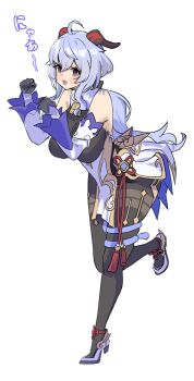 1girl alternate_breast_size_(larger) blue_hair bodysuit breasts ganyu_(genshin_impact) genshin_impact high_heels horns large_breasts long_hair purple_eyes simple_background sleeveless sleeveless_bodysuit solo standing standing_on_one_leg twitter white_background ynfkin