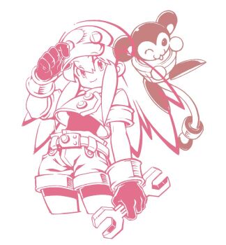 1girl bodysuit bodysuit_under_clothes newsboy_cap cowboy_shot cropped_jacket data_(mega_man) greyscale hat holding holding_wrench lidian_s mega_man_(series) mega_man_legends_(series) monochrome red_theme roll_caskett_(mega_man) shorts simple_background white_background wrench