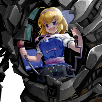 absurdres alice_margatroid blonde_hair blue_light blue_shirt blue_skirt breasts control_panel_overlay edz_drawz green_light headband highres joints large_breasts lever megatron monitor necktie open_mouth orange_light purple_eyes purple_headband purple_necktie radar red_light robot robot_joints screen shadow shirt simple_background skirt smile speaker spring_(object) touhou transformers white_background white_sleeves wire