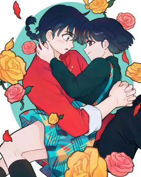 1boy 1girl absurdres antatica11 arms_around_waist black_hair black_socks black_sweater blue_eyes braid braided_ponytail brown_eyes chinese_clothes chinese_commentary commentary_request flower hetero highres kneehighs miniskirt open_mouth pink_flower pink_rose ranma_1/2 rose saotome_ranma short_hair single_braid skirt socks suspender_skirt suspenders sweater tendou_akane turtleneck turtleneck_sweater yellow_flower yellow_rose