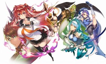 Rule 34 | 1boy, 5girls, ahoge, armor, armored boots, ass, black panties, black skirt, blue dress, blue hair, boots, breasts, brown hair, cleavage, covered navel, dress, flat chest, gauntlets, gloves, high ponytail, highres, holding, holding sword, holding weapon, huge breasts, katana, large breasts, long hair, looking at viewer, medium breasts, multiple girls, naruse maria, naruse mio, navel, nonaka kurumi, nonaka yuki, official art, ookuma nekosuke, panties, ponytail, purple hair, red eyes, red hair, school uniform, serafuku, shinmai maou no testament, short hair, siblings, silver hair, sisters, skirt, stomach, sword, thigh boots, toujou basara, underboob, underwear, very long hair, weapon, white background, yellow eyes, zest