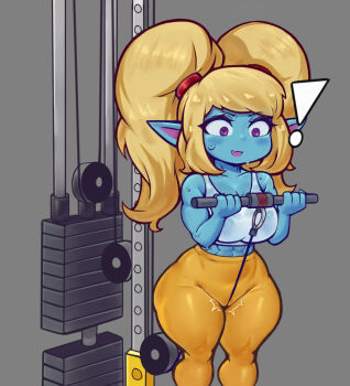 Rule 34 | !, 1girl, absurdres, alternate costume, blonde hair, blue skin, breasts, cleavage, colored skin, commentary, english commentary, fang, highres, large breasts, league of legends, long hair, looking at viewer, nebssik, open mouth, pants, pointy ears, poppy (league of legends), purple eyes, shirt, skin fang, twintails, white shirt, yellow pants, yordle