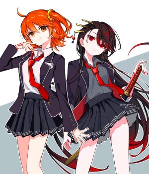 2girls ahoge black_hair black_jacket blue_sweater command_spell commentary_request fate/grand_order fate_(series) fujimaru_ritsuka_(female) gradient_hair hair_ornament highres jacket katana long_hair multicolored_hair multiple_girls necktie oda_nobunaga_(fate) official_alternate_costume open_clothes open_jacket pseudo-tokyo_school_uniform red_eyes red_hair red_nails red_necktie school_uniform scrunchie shirt skirt smile sweater sword very_long_hair weapon white_shirt yellow_scrunchie yui_(tamagohan)