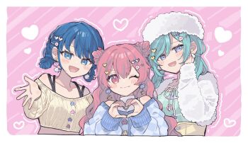 3girls :d ;) blue_eyes blue_hair blue_sweater blush braid breasts chase_my_ideal_idol!_(project_sekai) checkered_sweater closed_mouth clover collarbone commentary_request cone_hair_bun corset cropped_sweater double_bun dress earrings envelope_earrings fang fur_hat fur_jacket green_dress hair_between_eyes hair_bun hair_ornament hairclip hand_on_own_cheek hand_on_own_face hand_up hands_up hat heart heart_hair_ornament heart_hands hinomori_shizuku jacket jewelry kawa_donburako kiritani_haruka long_hair long_sleeves looking_at_viewer medium_breasts mole mole_under_mouth momoi_airi multiple_girls neck_ribbon off-shoulder_sweater off_shoulder official_alternate_costume official_alternate_hairstyle one_eye_closed open_mouth paper_airplane pink_background pink_eyes pink_hair pixel_heart pom_pom_(clothes) pom_pom_earrings project_sekai ribbed_sweater ribbon shirt short_hair sidelocks skin_fang sleeveless sleeveless_shirt small_breasts smile spaghetti_strap spoken_heart sweater turtleneck turtleneck_shirt upper_body wavy_hair white_hair white_jacket white_ribbon white_shirt yellow_corset yellow_sweater