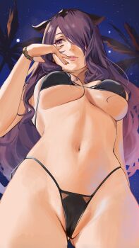 1girl absurdres alternate_costume bare_shoulders bikini black_bikini bracelet breasts breasts_apart camilla_(fire_emblem) cleavage closed_mouth female_focus fire_emblem fire_emblem_fates from_below gluteal_fold hair_ornament hair_over_one_eye highleg highleg_bikini highres j@ck jewelry lips long_hair matching_hair/eyes medium_breasts navel night night_sky nintendo outdoors palm_tree partially_visible_vulva purple_eyes purple_hair sideboob sky solo star_(sky) stomach swimsuit thighs tiara tree underboob wavy_hair