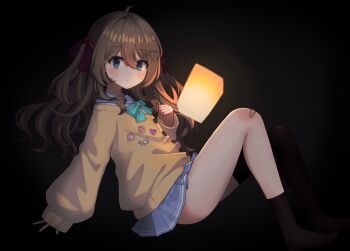 1girl ahoge akatanotaki aqua_bow aqua_bowtie asymmetrical_legwear bandaid bandaid_on_knee bandaid_on_leg black_background black_socks blue_eyes blue_sailor_collar blue_skirt blush bow bowtie brown_hair buttons cardigan closed_mouth commentary english_commentary full_body hair_between_eyes hair_ornament hair_ribbon heart heart_hair_ornament highres knees_up long_hair long_sleeves looking_at_viewer miniskirt neuro-sama no_shoes pleated_skirt red_ribbon ribbon sailor_collar school_uniform serafuku sitting skirt sleeves_past_wrists socks solo uneven_legwear vedal_ai wavy_hair yellow_cardigan