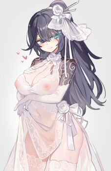 1girl arm_under_breasts back_bow blush bow choker closed_mouth commentary_request cowboy_shot dress elbow_gloves flower genderswap genderswap_(mtf) gloves hair_flower hair_ornament hand_on_own_chest highres hong_lu_(project_moon) irezumi kurokumo_clan_(identity)_(project_moon) limbus_company looking_down nipples project_moon rose scar scar_across_eye scar_on_face see-through_clothes see-through_dress see-through_gloves shiki_(shikki46) simple_background smile solo tattoo thighhighs wedding_dress white_background white_bow white_choker white_dress white_flower white_gloves white_rose white_thighhighs