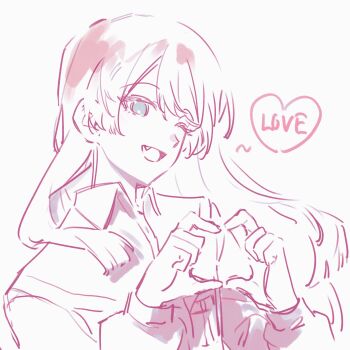 1girl absurdres bang_dream! bang_dream!_it's_mygo!!!!! chihaya_anon collared_shirt commentary fang geosmichi77 grey_eyes heart heart_hands highres long_hair long_sleeves one_eye_closed shirt solo