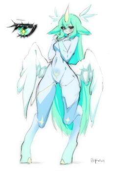 1girl alternate_costume alternate_hair_color animal animal_ears artist_name bodysuit breasts closed_mouth eyelashes feathered_wings green_hair hair_ornament highres hooves horns large_breasts league_of_legends long_hair low_wings navel pfufu pilot_suit pointy_ears shy single_horn sketch solo soraka_(league_of_legends) spread_wings standing star_guardian_(league_of_legends) star_guardian_soraka straight_hair unicorn_girl white_background white_wings wide_hips wings