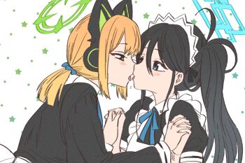 2girls animal_ear_headphones animal_ears apron aris_(blue_archive) aris_(maid)_(blue_archive) black_dress black_hair blonde_hair blue_archive blue_bow blue_eyes blue_halo blue_ribbon blush bow cat_ear_headphones cat_ears commentary_request dress eye_contact face-to-face fake_animal_ears film_grain frilled_apron frills from_side green_eyes green_halo hair_between_eyes hair_bow half-closed_eye halo hands_up headphones holding_hands imminent_kiss interlocked_fingers long_hair looking_at_another looking_down low_ponytail maid maid_apron maid_headdress medium_hair midori_(blue_archive) midori_(maid)_(blue_archive) multiple_girls namaniku_(user_nxxf7457) neck_ribbon official_alternate_costume official_alternate_hairstyle open_mouth partial_commentary ponytail profile puffy_short_sleeves puffy_sleeves rectangular_halo ribbon short_sleeves side_ponytail sidelocks simple_background star_(symbol) tongue tongue_out upper_body white_apron white_background yuri
