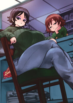 2girls :/ absurdres alternate_body_size alternate_breast_size_(larger) annoyed bag_of_chips black_eyes black_hair breasts brown_hair ceiling_light chair commentary_request crossed_legs curvy dvd_case eyeshadow freckles from_below green_sweater head_rest highres hollie_hawkes huge_breasts indoors kim_pine kyuugata looking_at_viewer makeup multiple_girls nail_polish narrowed_eyes parted_bangs purple_eyeshadow scott_pilgrim scott_pilgrim_(series) shelf shop short_hair sweater swept_bangs thick_thighs thighs wavy_hair