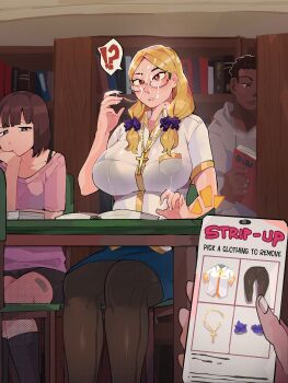 Rule 34 | !?, 1boy, 2girls, abby (diforland), absurdres, black-framed eyewear, black pantyhose, blonde hair, blue skirt, breasts, brown eyes, choice, collared shirt, commentary, confused, cross, cross necklace, crucifix, cum, cum on body, cum string, cumwalk, diforland, english commentary, english text, facial, fingernails, glasses, hair ornament, hair over shoulder, hair scrunchie, highres, holding, holding phone, huge breasts, jewelry, library, long hair, low twintails, mole, mole on neck, multiple girls, nail polish, necklace, original, pantyhose, pencil skirt, phone, pov, pov hands, public indecency, scrunchie, seamed legwear, semi-rimless eyewear, shelving book, shirt, short sleeves, side-seamed legwear, sitting, skirt, solo focus, time stop, twintails, twitter strip game, under-rim eyewear, white nails, white shirt