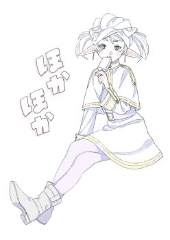 1girl belt boots buckle capelet dress earrings eating elf floating_earrings food frieren full_body green_eyes highres holding holding_food holding_ice_cream ice_cream jewelry licking onka_(aun_ka28) pointy_ears sitting solo sousou_no_frieren striped_clothes teardrop_earrings towel towel_on_head white_background white_capelet