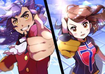 1boy 1girl absurdres blush brown_eyes brown_hair buttons champion_uniform clenched_teeth cloud commentary_request day facial_hair gloria_(pokemon) gloves highres leon_(pokemon) long_hair looking_at_viewer nintendo open_mouth outdoors perspective pointing pokemon pokemon_swsh pon_yui purple_hair shirt short_sleeves sky smile split_screen teeth tongue yellow_eyes